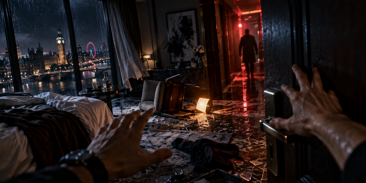 Ilustração de thriller em primeira pessoa com quarto de hotel destruído e figura misteriosa ao fundo