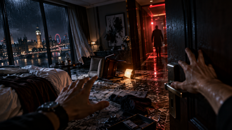 Ilustração de thriller em primeira pessoa com quarto de hotel destruído e figura misteriosa ao fundo