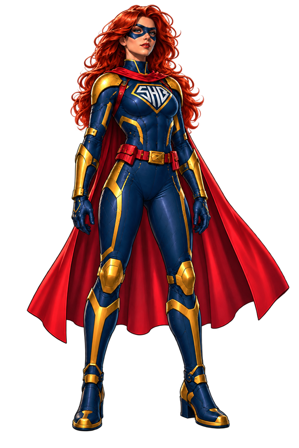 Heroína ruiva da Super Hero Brasil com capa vermelha