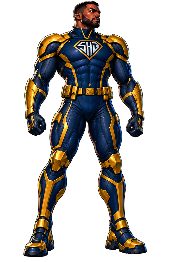 Herói da Super Hero Brasil com armadura azul e dourada