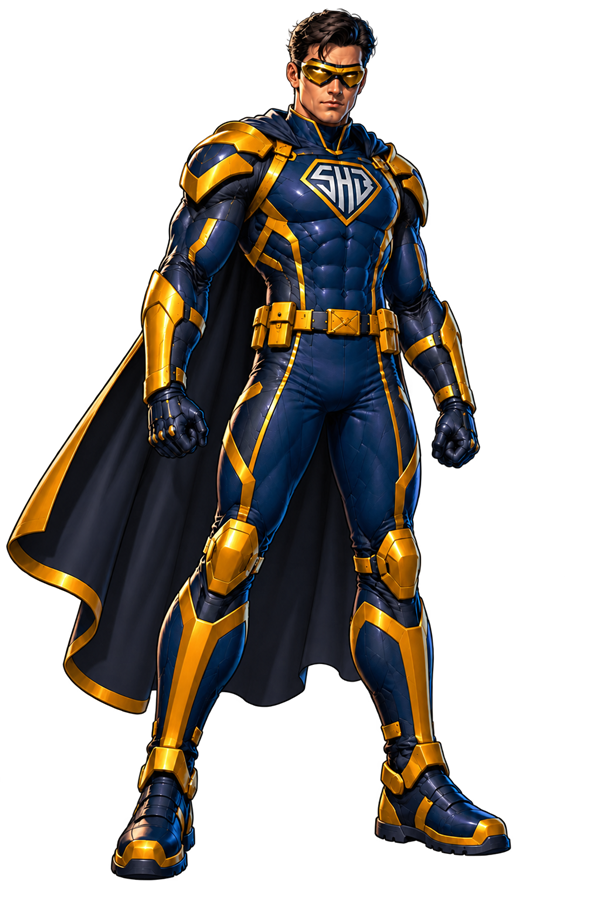 Herói da Super Hero Brasil com uniforme azul e dourado